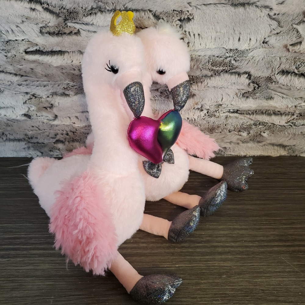 Valentine's Day Boy & Girl Flamingo Plush Stuffed Animal Holding Metallic Heart - Picture 4 of 8